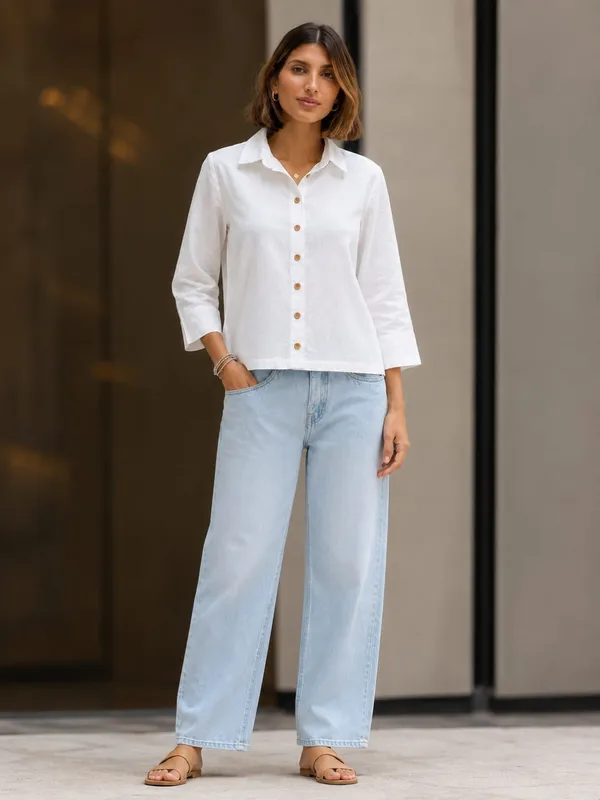 White_Cotton_Flex_Relaxed_Fit_Button_Down_Shirt_For_Women