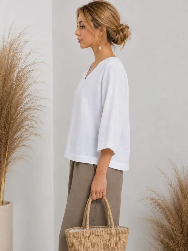 White_Cotton_Flex_Relaxed_Fit_V-Neck_Tunic_Top_For_Women