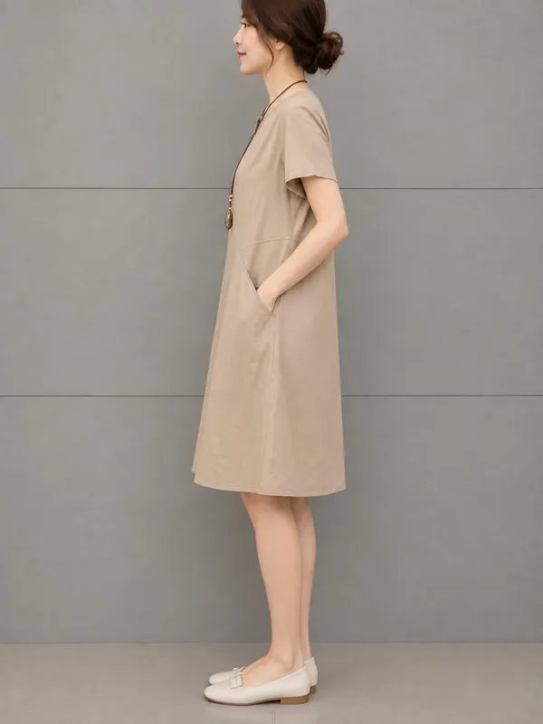 Beige_Cotton_Flex_A-Line_Casual_Dress_For_Women