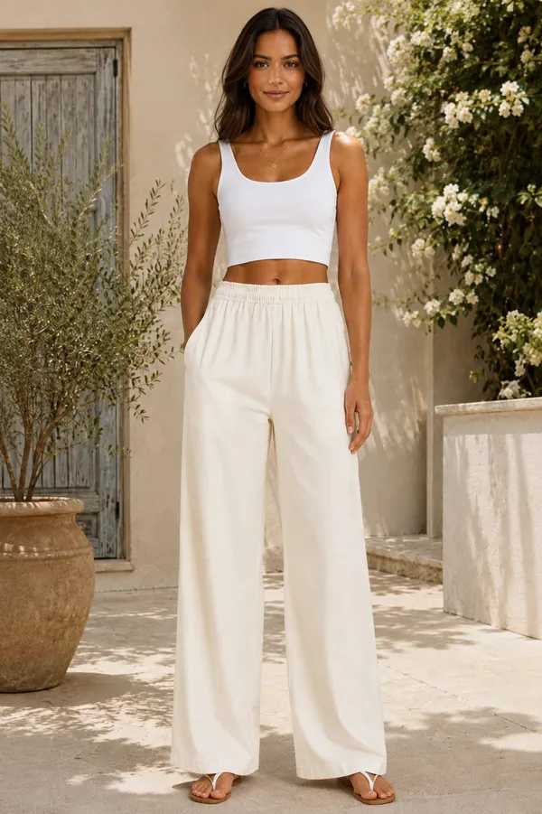 White_And_Navy_Cotton_Flex_Sleeveless_Crop_Top_And_Wide_Leg_Pants_Set_For_Women