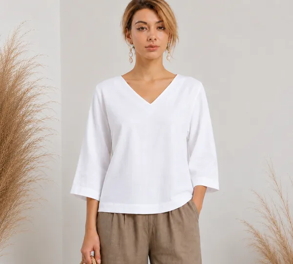 White_Cotton_Flex_Relaxed_Fit_V-Neck_Tunic_Top_For_Women