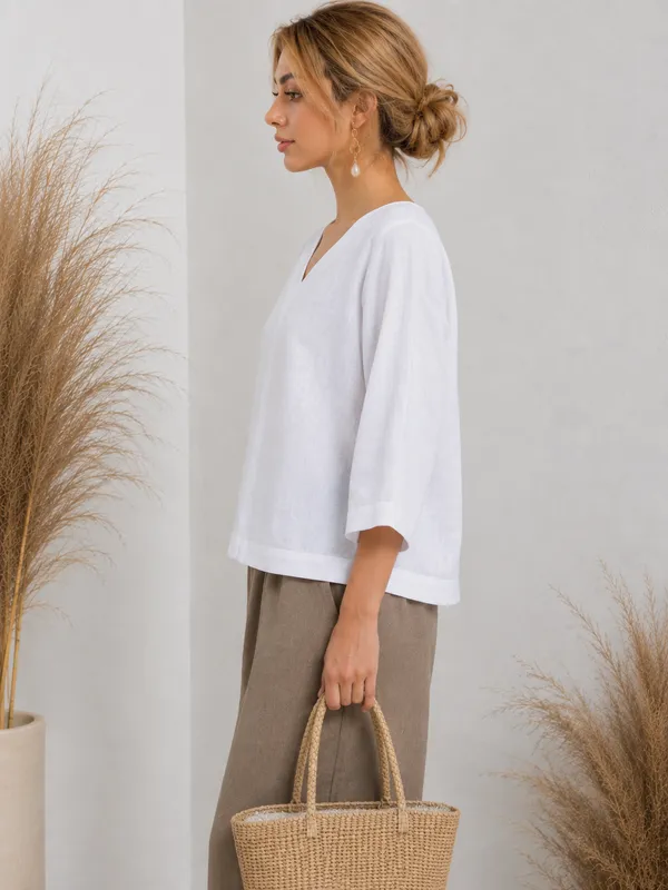 White_Cotton_Flex_Relaxed_Fit_V-Neck_Tunic_Top_For_Women