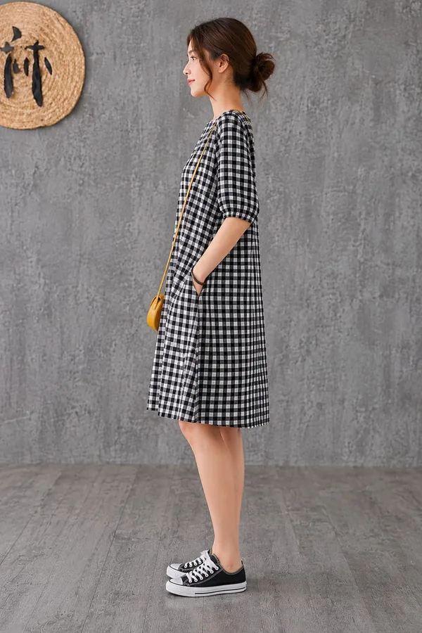 Black_Checkered_Cotton_Flex_A-Line_Dress_For_Women