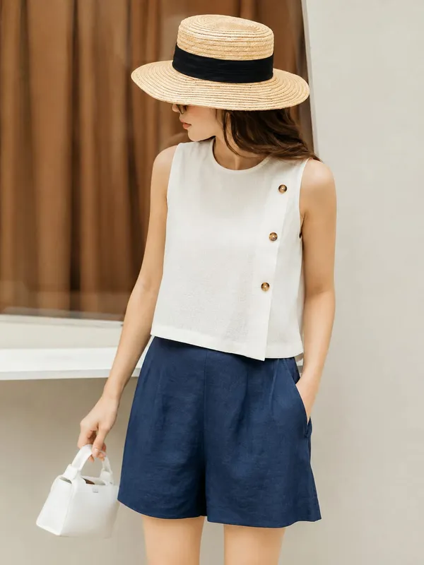 White_And_Navy_Cotton_Flex_Sleeveless_Top_And_Shorts_Set_For_Women