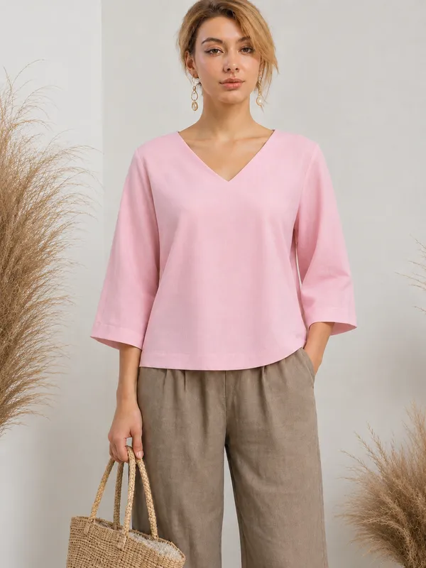 Pink_Relaxed_Fit_V-Neck_Top_For_Women