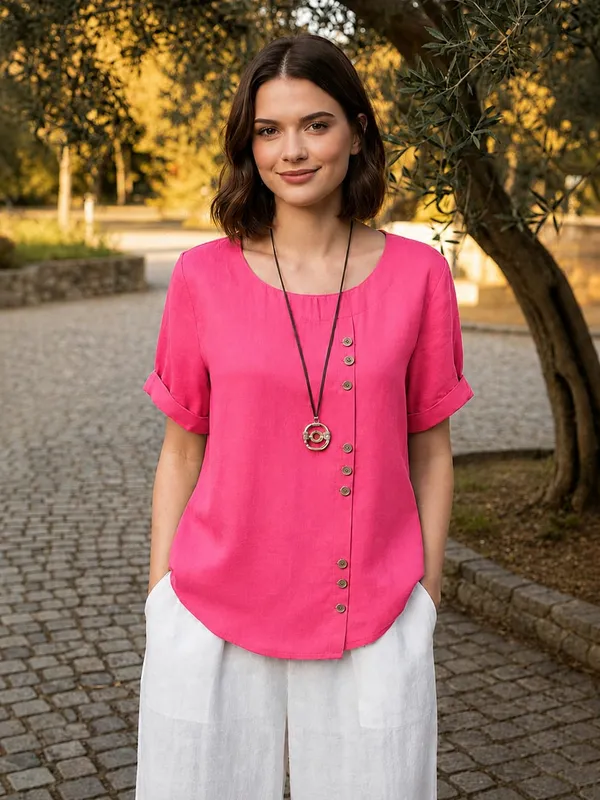 Pink_Cotton_Flex_Relaxed_Fit_Button_Detail_Tunic_Top_For_Women