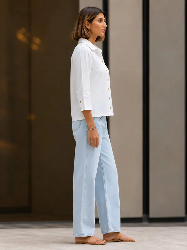 White_Cotton_Flex_Relaxed_Fit_Button_Down_Shirt_For_Women