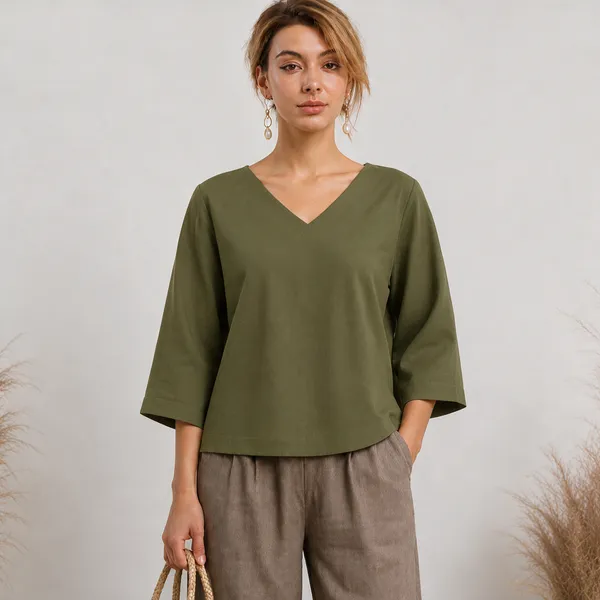 Olive_V-Neck_Relaxed_Fit_Top_For_Women