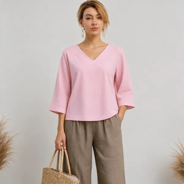 Pink_Relaxed_Fit_V-Neck_Top_For_Women