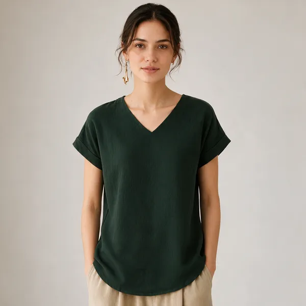 Dark_Green_V_Neck_Relaxed_Fit_Top_For_Women