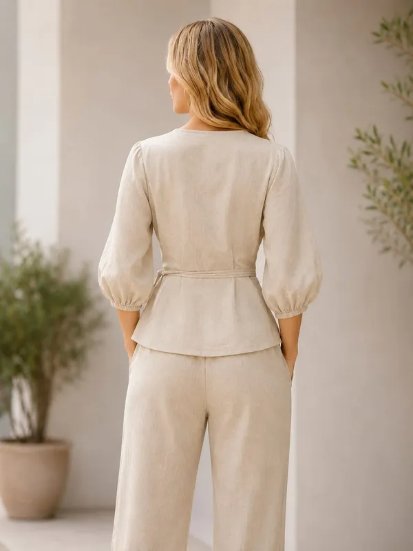 Women_natural_Solid_Wrap_Top_with_3/4_Puff_Sleeves