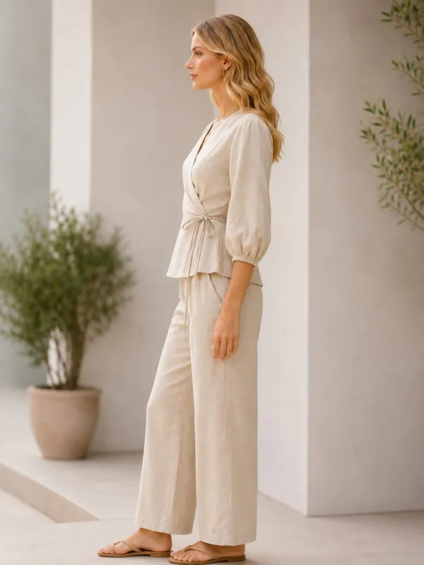Women_natural_Solid_Wrap_Top_with_3/4_Puff_Sleeves
