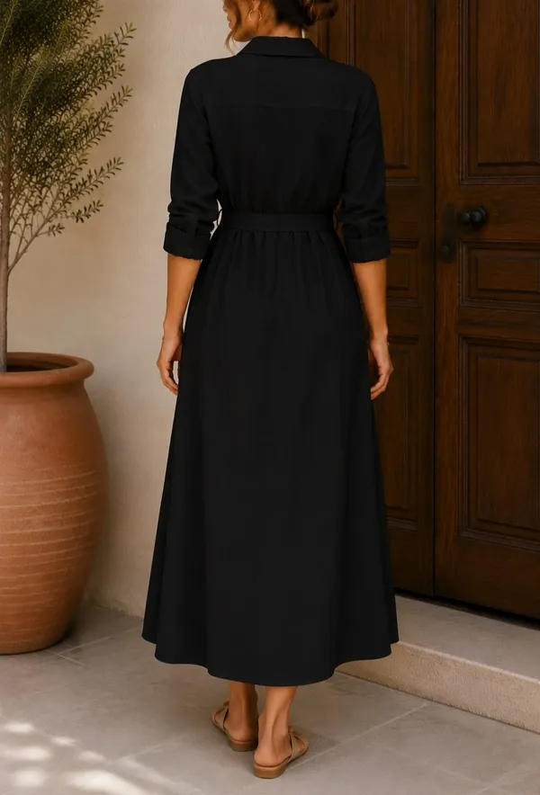Women’s_Black_Shirt_Style_Belted_Maxi_Dress_|_Full_Sleeve_Button-Down_Long_Dress