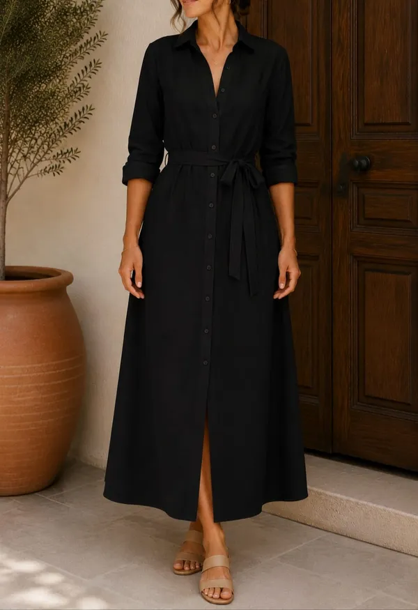 Women’s_Black_Shirt_Style_Belted_Maxi_Dress_|_Full_Sleeve_Button-Down_Long_Dress