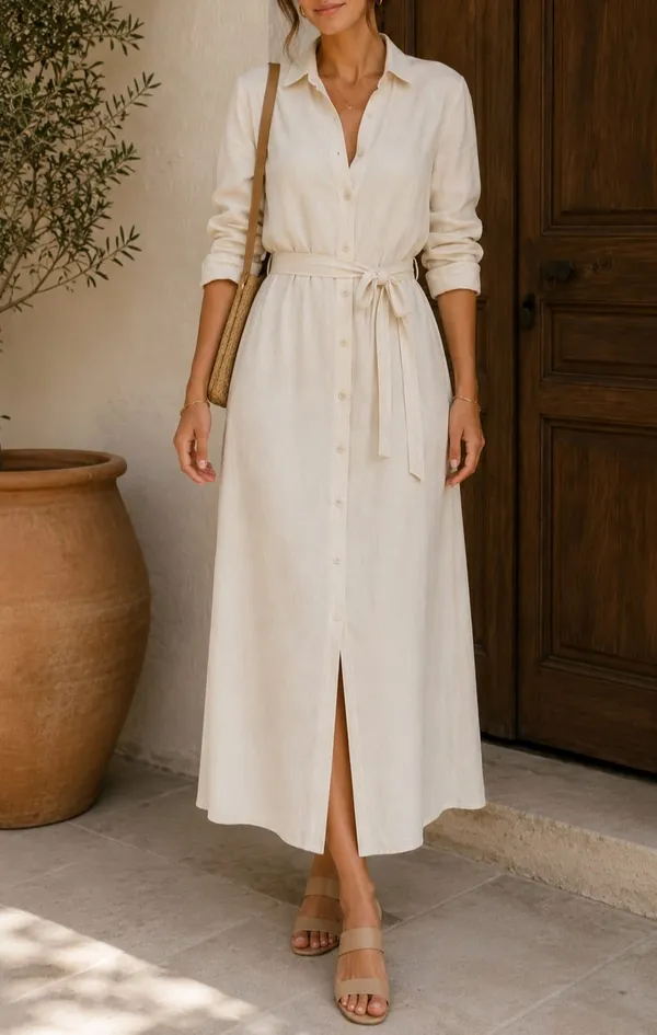 Women’s_Natural_Shirt_Style_Belted_Maxi_Dress_|_Full_Sleeve_Button-Down_Long_Dress