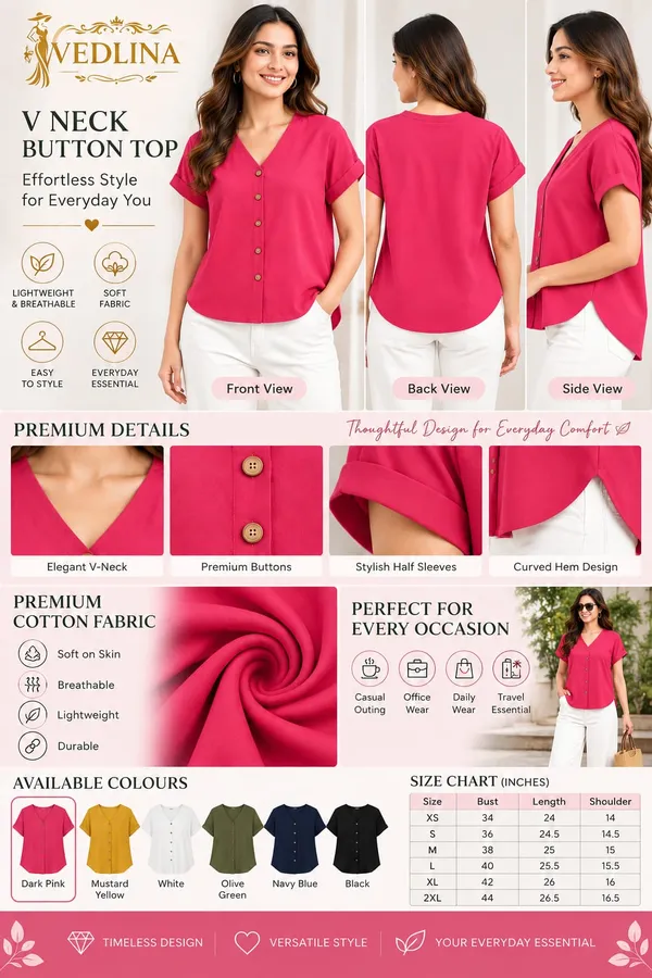 Women’s_Solid_Dark_Pink_V-Neck_Button_Down_Top_with_Folded_Sleeves