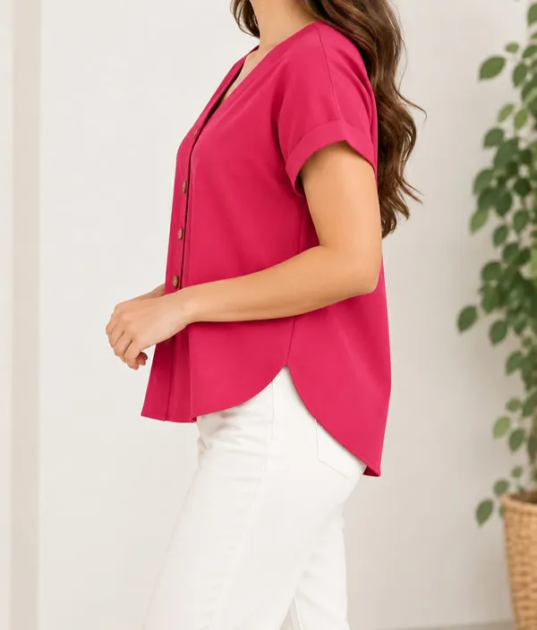 Women’s_Solid_Dark_Pink_V-Neck_Button_Down_Top_with_Folded_Sleeves
