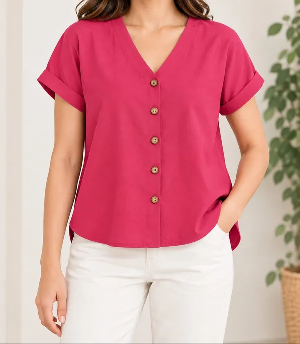 Women’s_Solid_Dark_Pink_V-Neck_Button_Down_Top_with_Folded_Sleeves