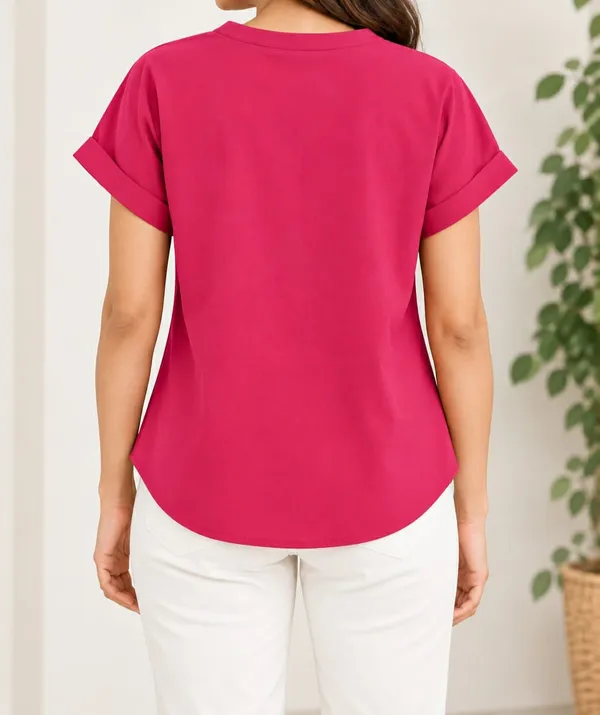 Women’s_Solid_Dark_Pink_V-Neck_Button_Down_Top_with_Folded_Sleeves