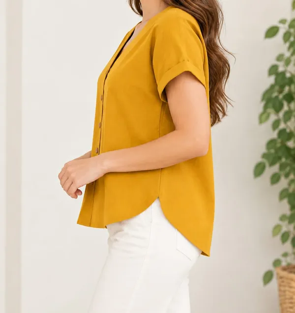 Women’s_Solid_Mustard_Yellow_V-Neck_Button_Down_Top_with_Folded_Sleeves