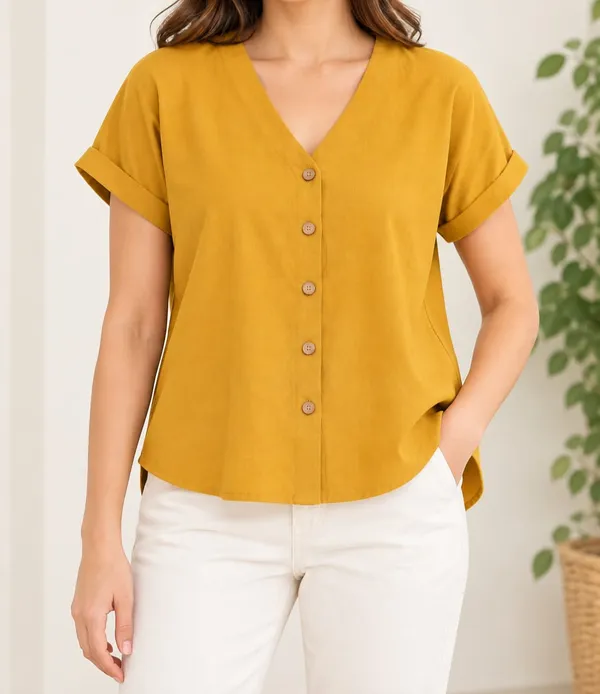 Women’s_Solid_Mustard_Yellow_V-Neck_Button_Down_Top_with_Folded_Sleeves