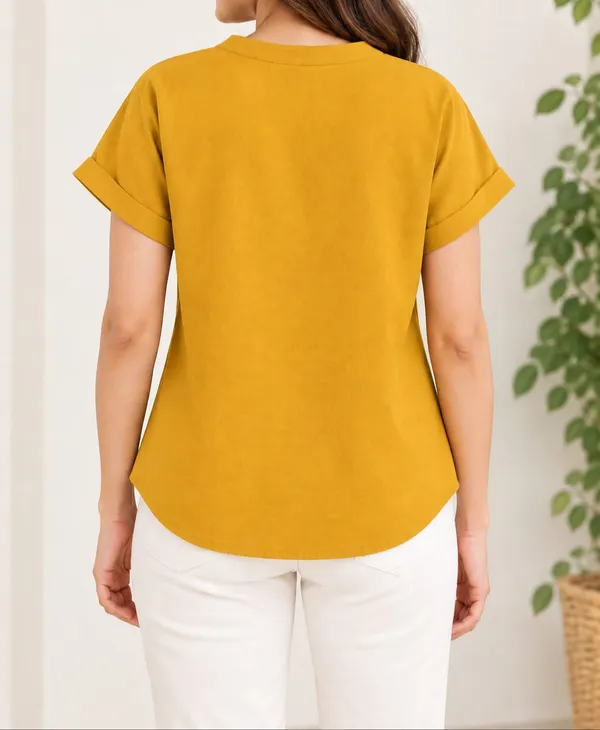 Women’s_Solid_Mustard_Yellow_V-Neck_Button_Down_Top_with_Folded_Sleeves