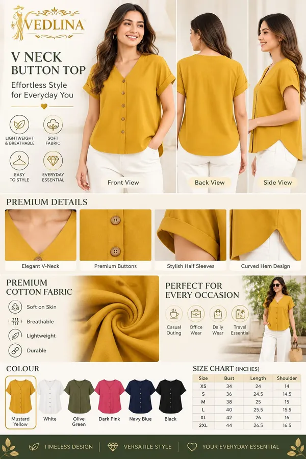 Women’s_Solid_Mustard_Yellow_V-Neck_Button_Down_Top_with_Folded_Sleeves