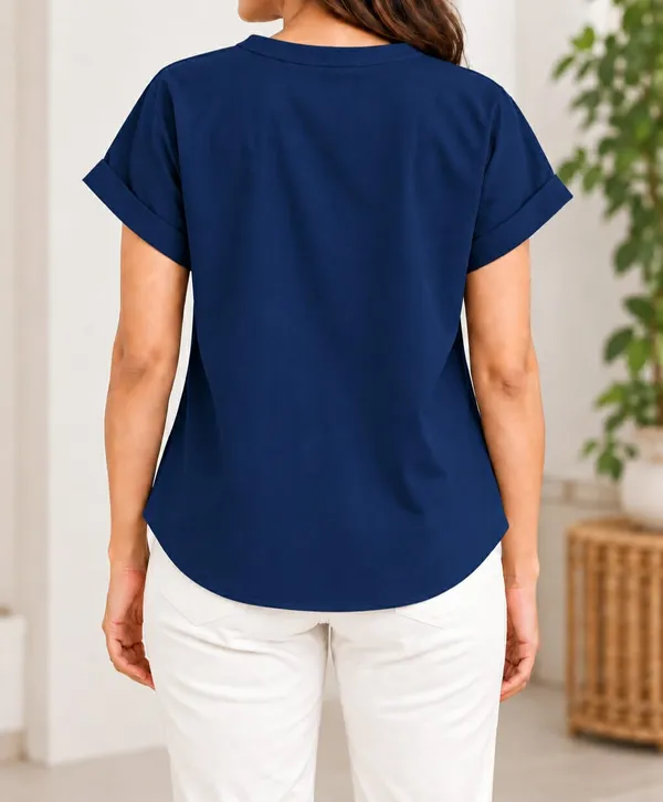 Women’s_Solid_Navy_Blue__V-Neck_Button_Down_Top_with_Folded_Sleeves
