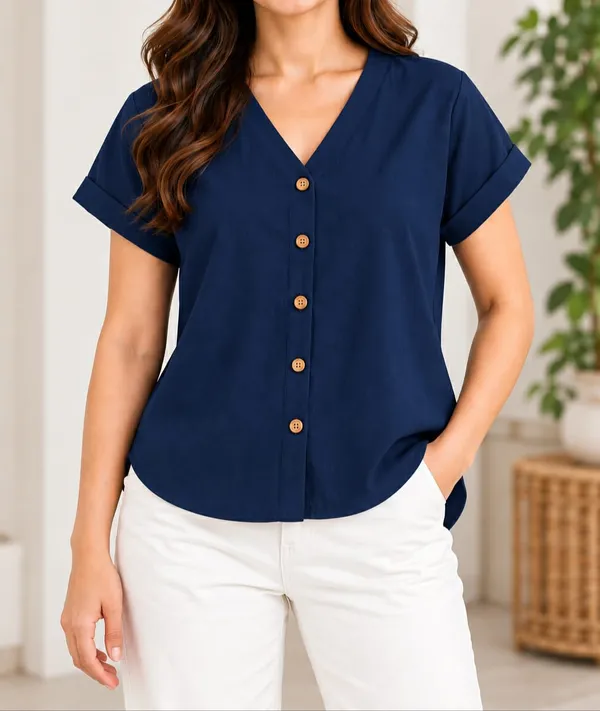 Women’s_Solid_Navy_Blue__V-Neck_Button_Down_Top_with_Folded_Sleeves