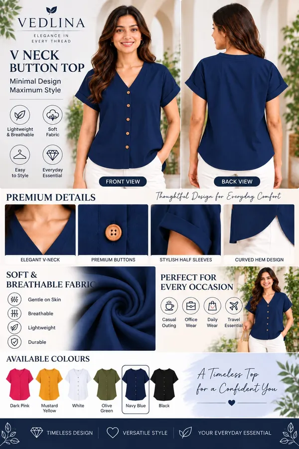 Women’s_Solid_Navy_Blue__V-Neck_Button_Down_Top_with_Folded_Sleeves