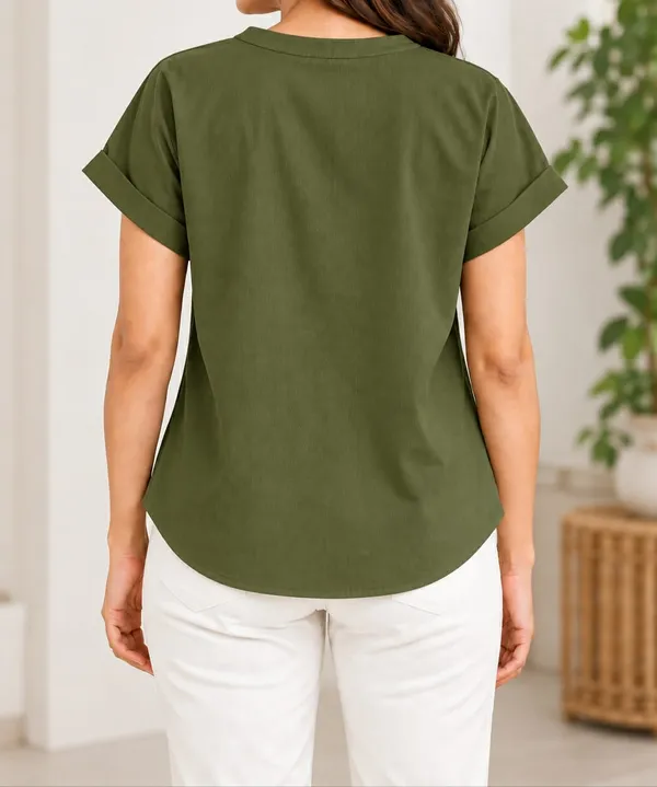 Women’s_Solid_Olive_Green_V-Neck_Button_Down_Top_with_Folded_Sleeves