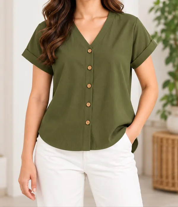 Women’s_Solid_Olive_Green_V-Neck_Button_Down_Top_with_Folded_Sleeves