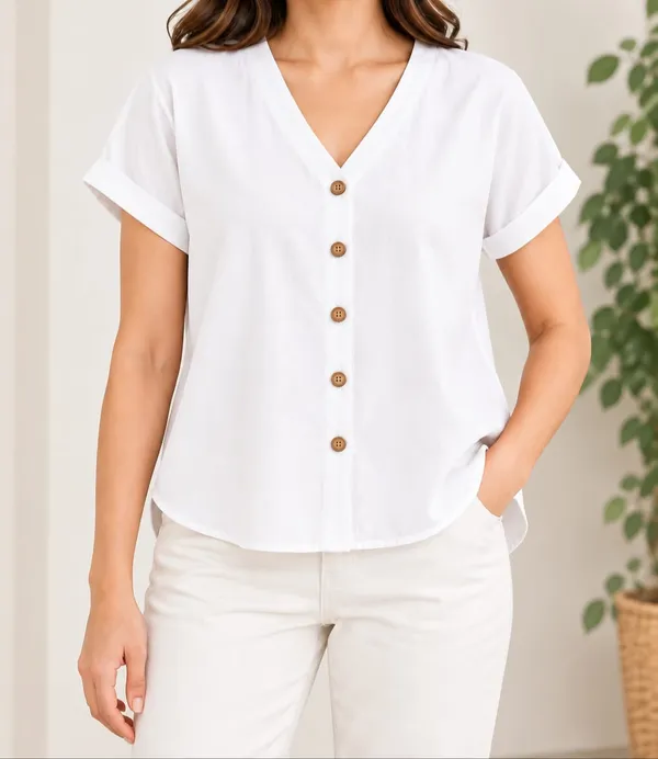 Women’s_Solid_White_V-Neck_Button_Down_Top_with_Folded_Sleeves