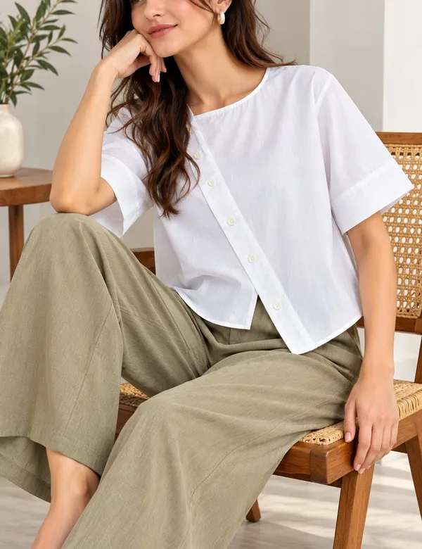 Women’s_White_Linen_Short_Sleeve_Asymmetric_Button-Down_Casual_Top