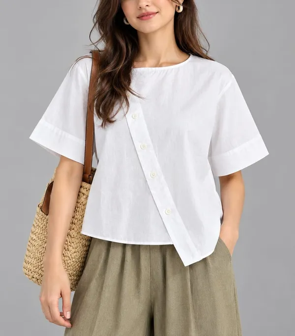 Women’s_White_Linen_Short_Sleeve_Asymmetric_Button-Down_Casual_Top