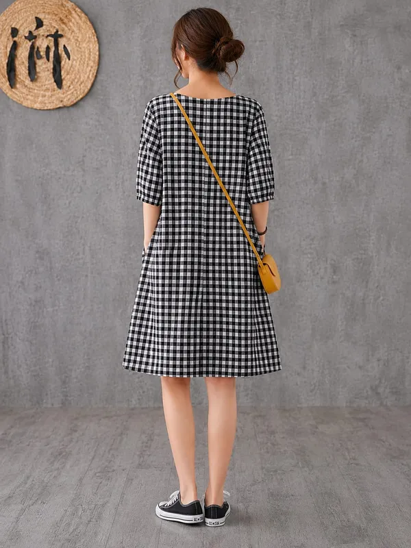 Black_Checkered_Cotton_Flex_A-Line_Dress_For_Women