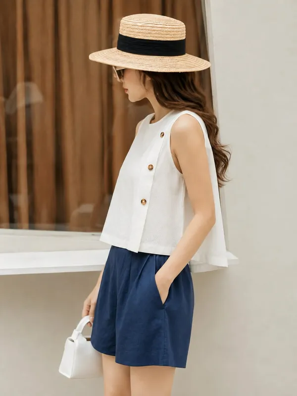 White_And_Navy_Cotton_Flex_Sleeveless_Top_And_Shorts_Set_For_Women