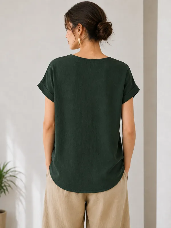 Dark_Green_V_Neck_Relaxed_Fit_Top_For_Women