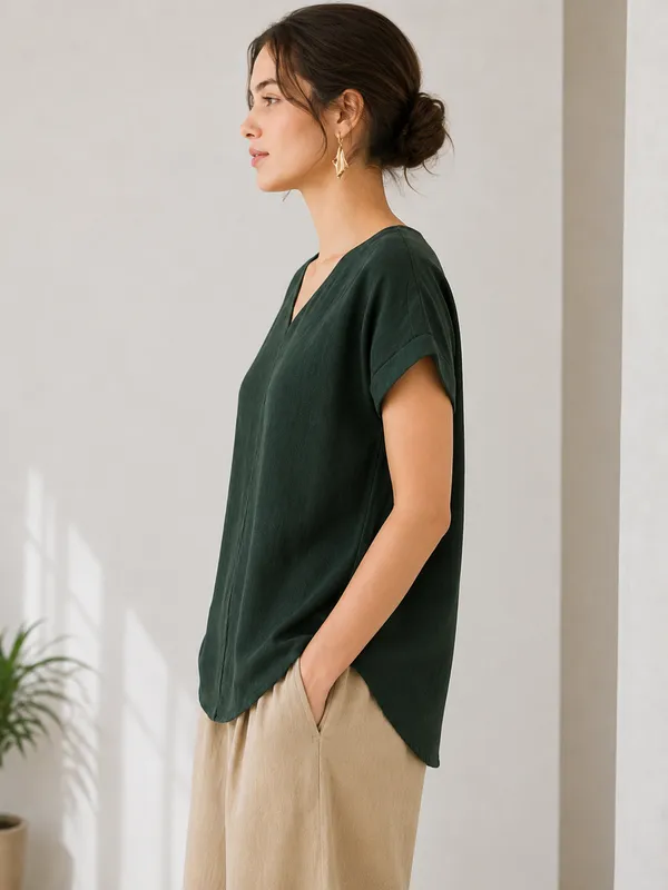 Dark_Green_V_Neck_Relaxed_Fit_Top_For_Women