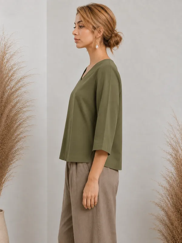 Olive_V-Neck_Relaxed_Fit_Top_For_Women