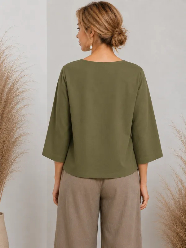 Olive_V-Neck_Relaxed_Fit_Top_For_Women