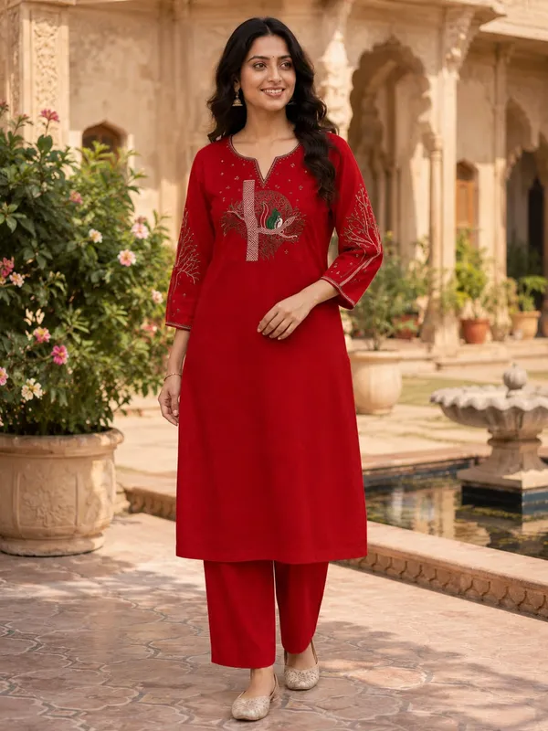 Red_Embroidered_Straight_Kurta_Set_for_Women