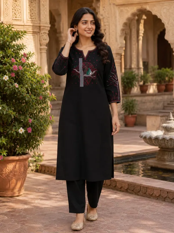 Black_Embroidered_Straight_Kurta_Set_for_Women