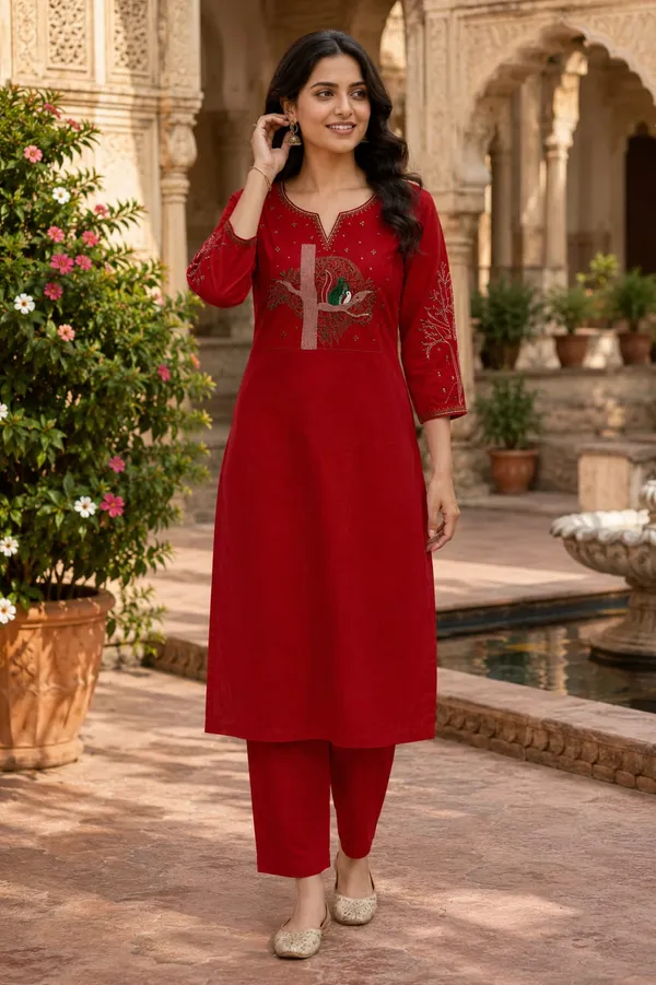 Red_Embroidered_Straight_Kurta_Set_for_Women