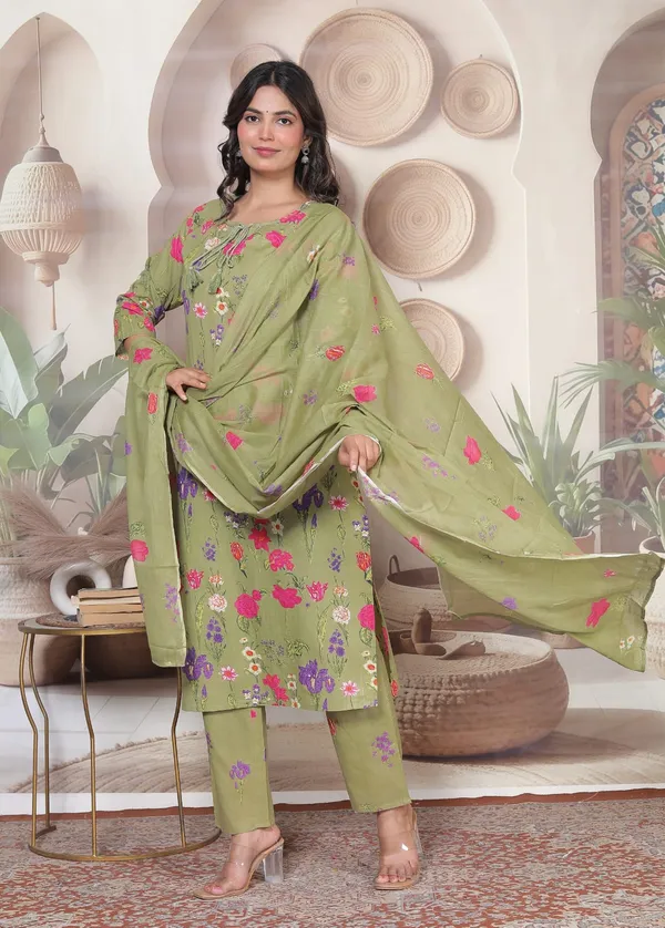 Olive_Floral_Print_Straight_Kurta_Set_for_Women