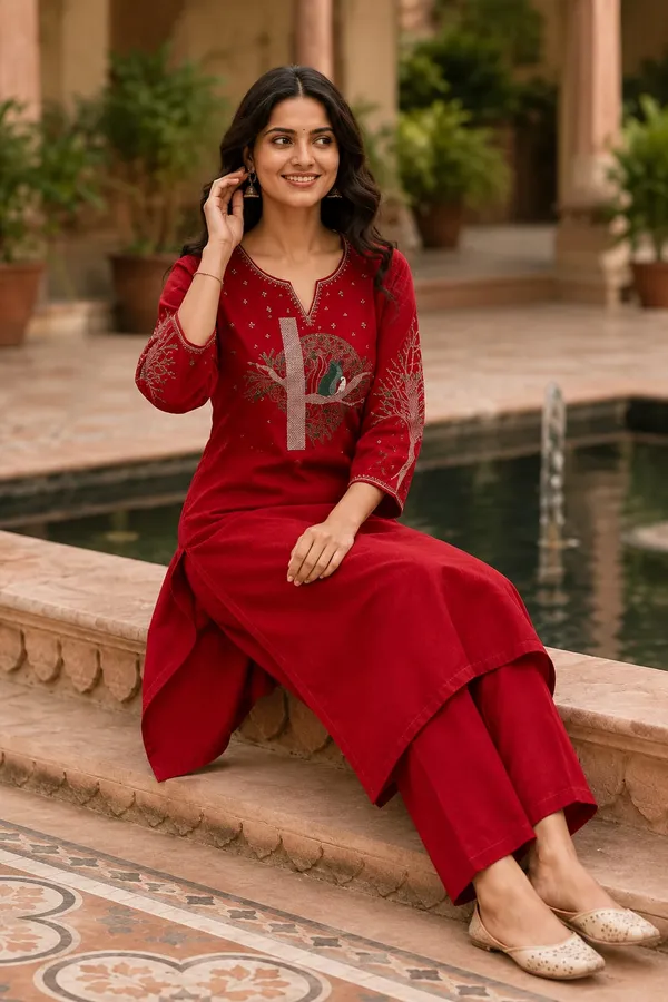 Red_Embroidered_Straight_Kurta_Set_for_Women