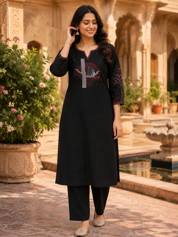 Black_Embroidered_Straight_Kurta_Set_for_Women