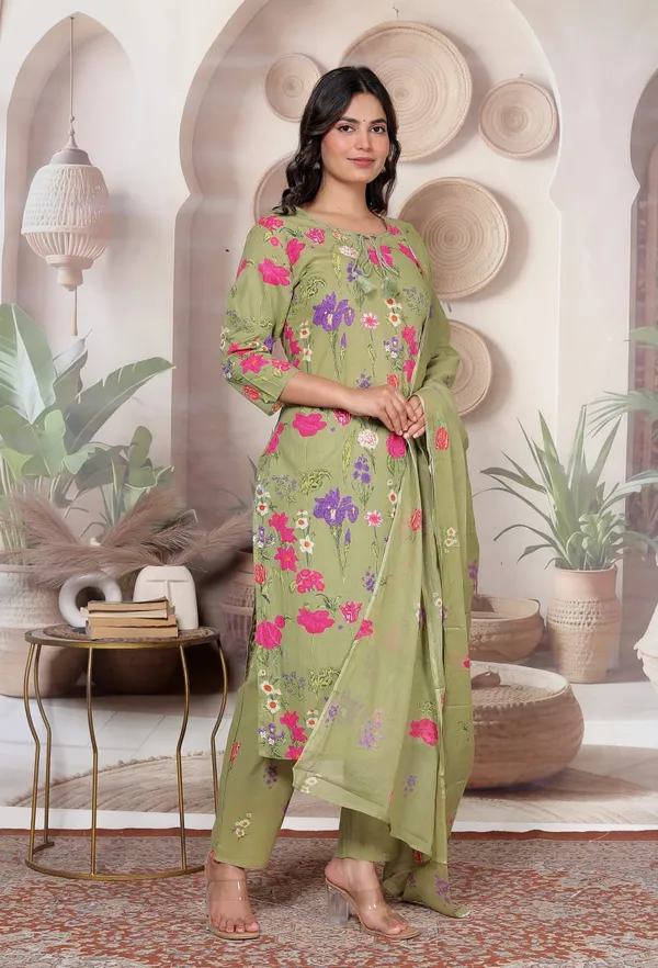 Olive_Floral_Print_Straight_Kurta_Set_for_Women