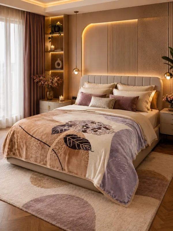 Beige_And_Mauve_Floral_Print_Bed_Blanket