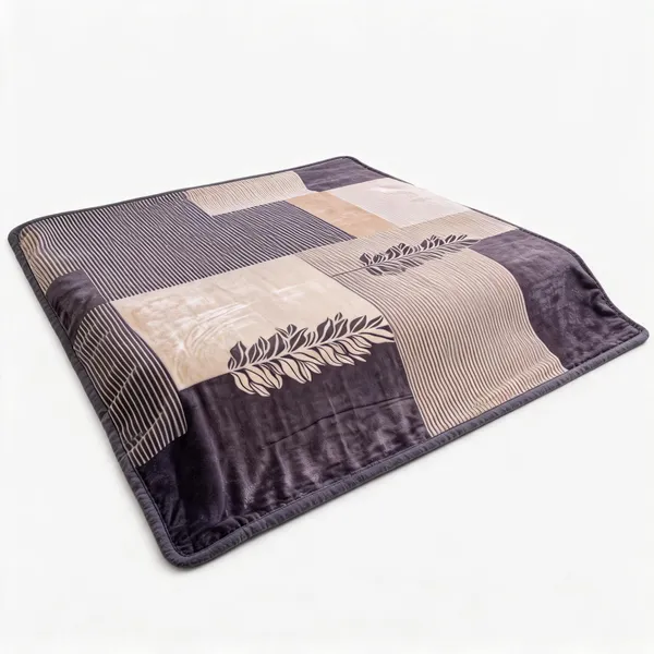 Beige_And_Charcoal_Premium_Angora_Yarn_Polyester_Charcoal_Leaf_Print_Blanket